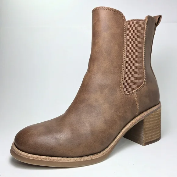 B.O.C. Finn Tan Caramel Faux Leather Chelsea Bootie Zip Stacked Block Heel W 6 - Picture 3 of 16